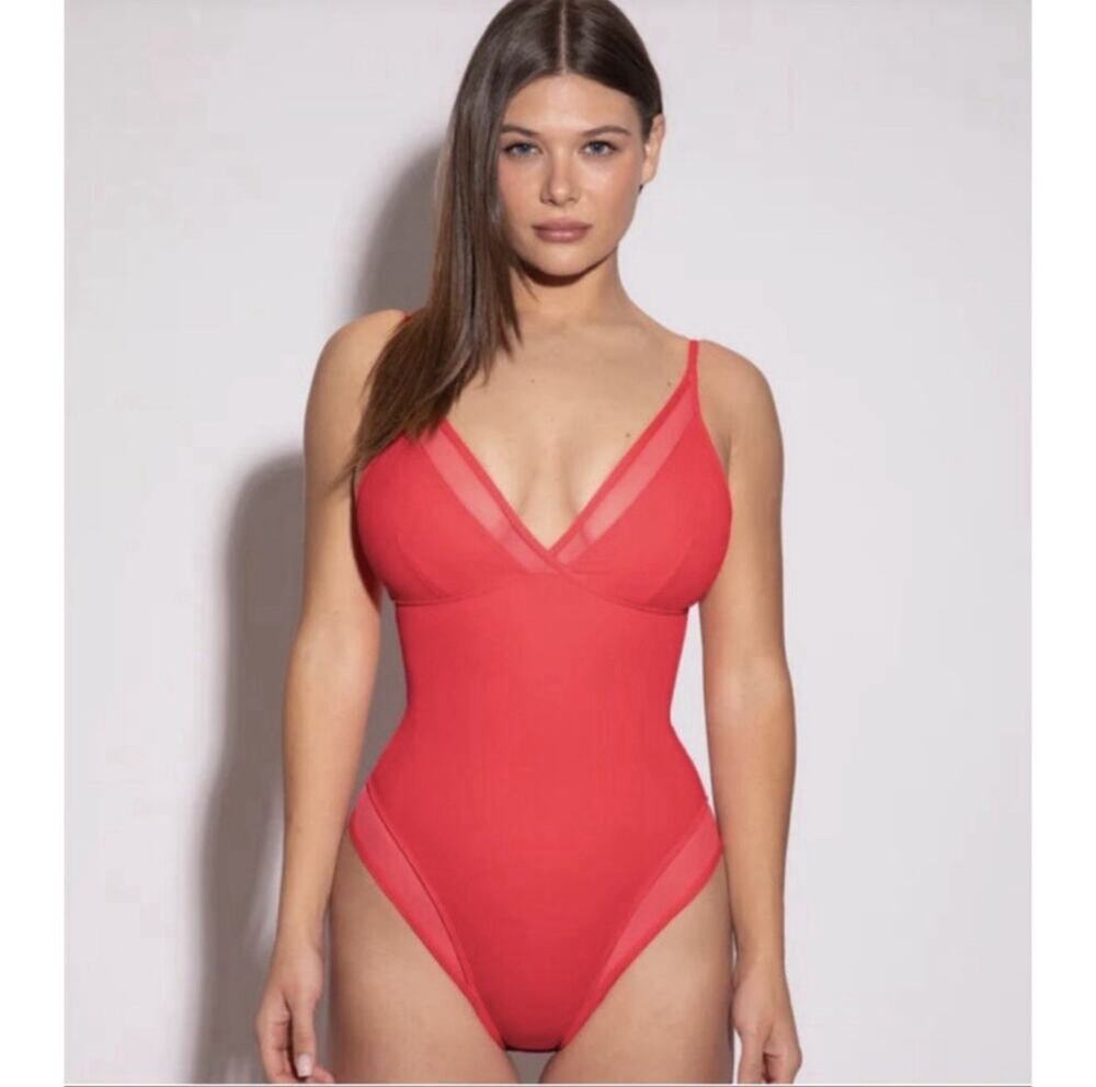 NWT TA3 Meshy Waist Cinching Swimsuit Hot Coral Red XS XLong